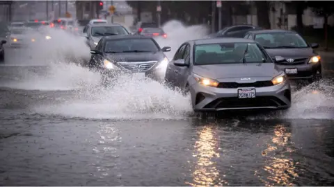 Getty Images Flooding is being seen in North Hollywood in LA