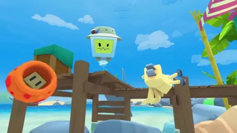 Owlchemy Labs A robot in Vacation Simulator watches the player on a beach