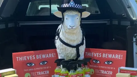 Humberside Police Model sheep wearing tracking harness