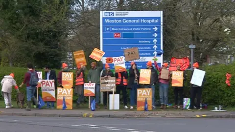 BBC The picket line at Weston General Hospital