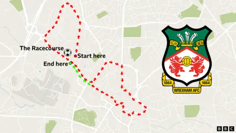 BBC A map showing Wrexham's victory parade route