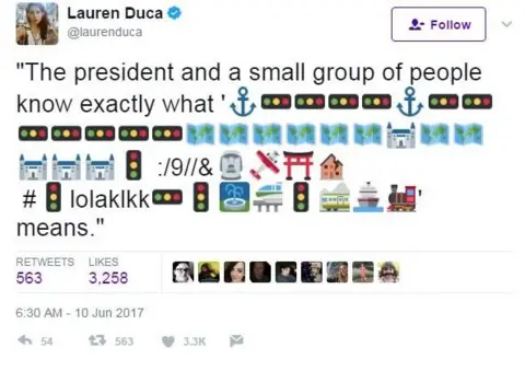 Twitter/LaurenDuca Lauren Duca tweeted: "The president and a small group of people know exactly what (insert emojis) means".