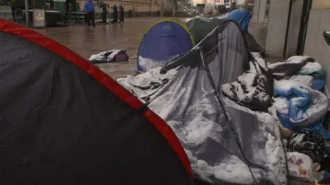 Tents covered in snow in Cardiff city centre during cold weather earlier in 2019