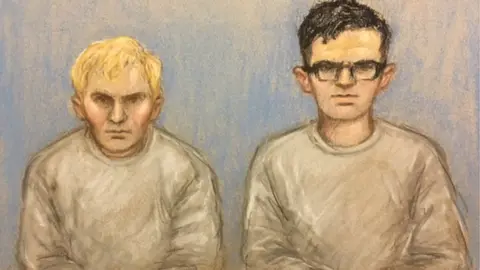 Julia Quenzler Court sketch of Private Mark Barrett and Alexander Deakin