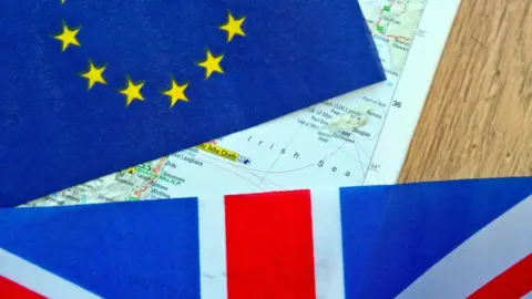 Getty Images Picture showing map of Irish Sea and EU and union flag