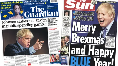 Front pages of the Guardian and the Sun