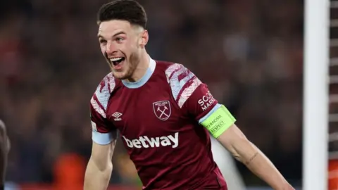 West Ham's Declan Rice celebrates his stunning solo goal against Gent