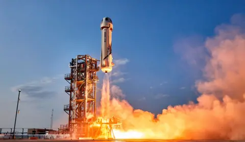 Blue Origin / ZUMA Press Wire / Shutterstock Billionaire Jeff Bezos and three other passengers blast into space aboard Blue Origin's New Shepard, near Van Horn, Texas, on 20 July 2021