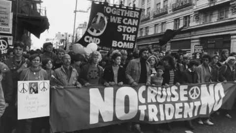 Getty Images Supporters of the Campaign for Nuclear Disarmament (CND) marching through London in October 1983