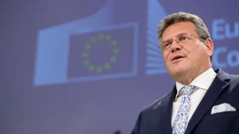 Getty Images EU Interinstitutional Relations and Foresight Commissioner Maros Sefcovic talks to media on Brexit in the Berlaymont, the EU Commission headquarters on June 30, 2021