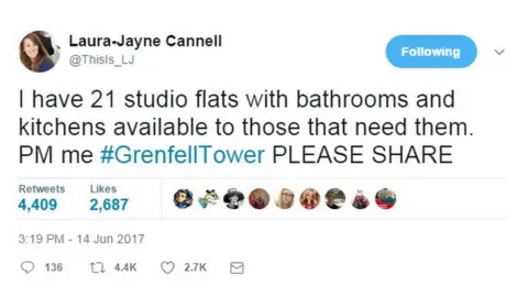 Twitter Tweet offering accommodation for victims of Grenfell Tower