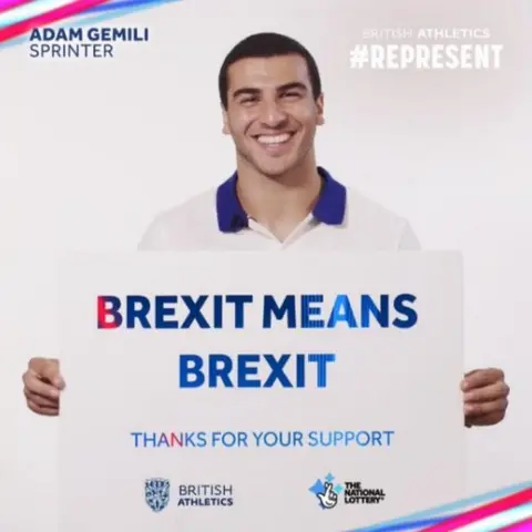 @TNLUK Adam Gemili holds a sign superimposed with the slogan: Brexit means Brexit