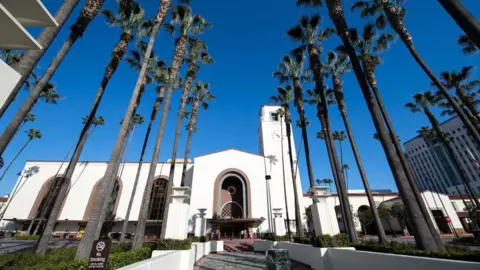 AFP Main entrance of the Los Angeles Union Station on March 18, 2021, where part of the 2021 Oscars Ceremony will take place