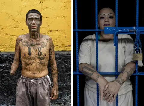 Tariq Zaidi Carlos, last name not given, (38) stands for a photograph at the Penal San Francisco Gótera, El Salvador. November 8, 2018. Right - Portrait of a gang member at the Ilopango Women's Prison, El Salvador. November 6, 2018.