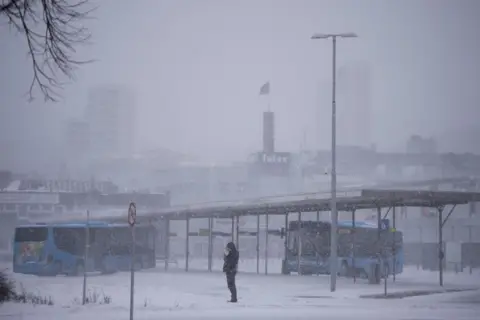 Reuters A person stands at a bus stop amid heavy snow in Randers, Denmark