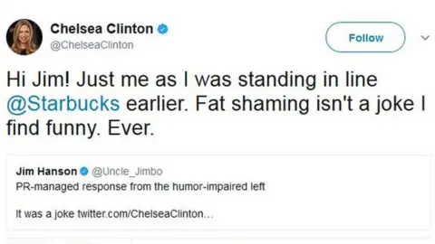 Twitter Chelsea Clinton tweets: "Hi Jim! Just me as I was standing in line @Starbucks earlier. Fat shaming isn't a joke I find funny. Ever."