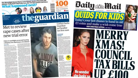 Guardian and Mail front pages 20/12/2017