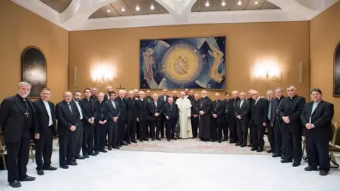 AFP/Getty Images Pope Francis during a meeting with bishops from Chile on May 17, 2018 at the Vatican