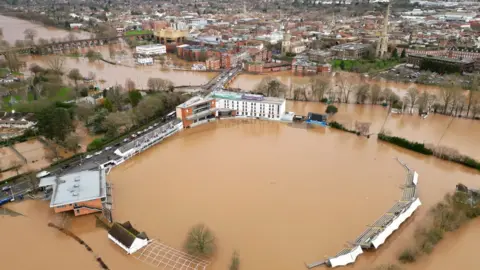 Getty Images Worcestershire County Cricket ground was completely flooded after the River Severn burst its banks