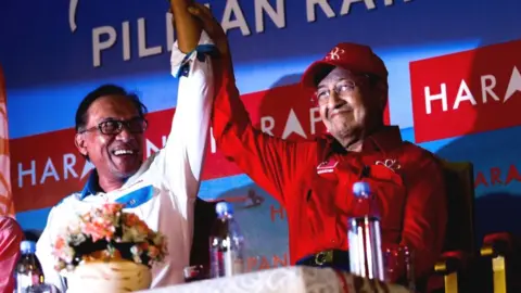 Getty Images Malaysian Prime Minister Tun Mahathir Mohamad (R) raises up Anwar Ibrahim's hand