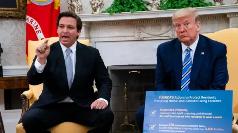 Getty Images Ron DeSantis and Donald Trump sitting down at the White House in April 2020