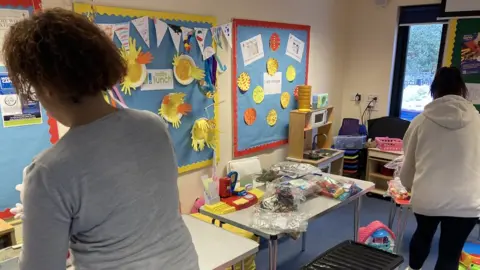 Sam and Anne-Marie, two foodbank users, helping out at the local toy library