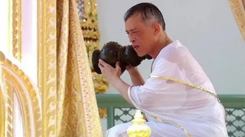 AFP Thai King Maha Vajiralongkorn Bodindradebayavarangkun during the royal purification ablution at the Grand Palace in Bangkok, 04 May 2019.