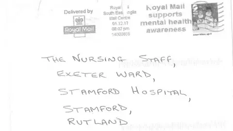 North West Anglia Trust The envelope for the card sent to Stamford Hospital