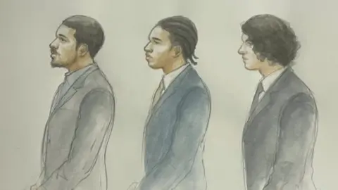 Helen Tipper Sketch of three defendants