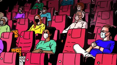Illustration of people in masks in a cinema