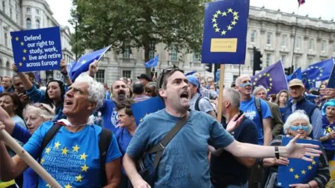 Getty Images Demonstrators on an anti-Brexit March for Europe hold EU flags as they march to Parliament Square in central London