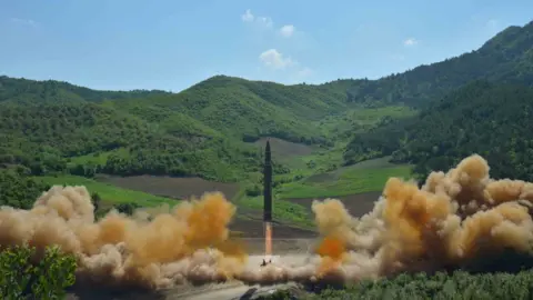 KCNA The intercontinental ballistic missile Hwasong-14 is seen during its test launch in this undated photo released by North Korea"s Korean Central News Agency (KCNA) in Pyongyang, July, 4 2017.