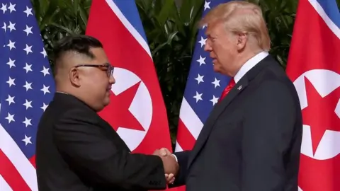 Reuters Kim Jong-un and Donald Trump shaking hands