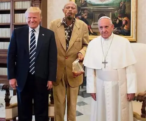Original photo via Osservatore Romano Tweeted photo of President Trump meeting the Pope in May 2017 - with #GitheriMan superimposed between them
