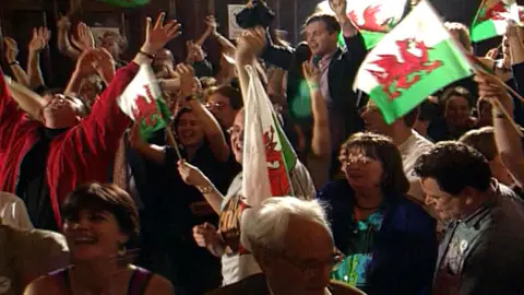 Yes campaigners celebrate victory in the 1997 Welsh devolution referendum