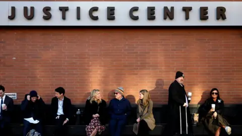 Getty Images Reporters and members of the public line up early to enter the Leonard Williams Justice Center where Dominion Voting Systems is suing FOX News in Delaware Superior Court