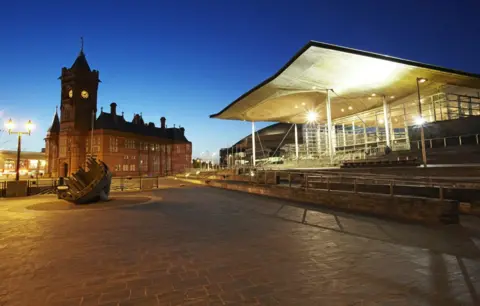 Getty Images Night shot of the Senedd and Pierhead building