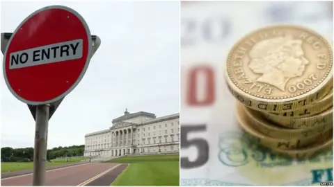 AFP/PA Composite image showing Stormont and pile of money