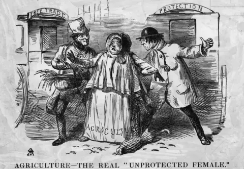 Getty Images A cartoon showing a bucolic woman labelled 'Agriculture' being pestered by two man, 'Free Trade' and 'Protection'. Punch cartoon, 1846
