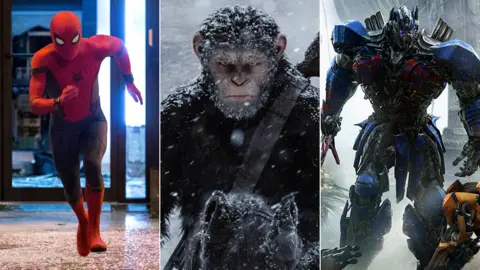 Sony/Fox/Paramount L to R: Spider-Man: Homecoming, War for the Planet of the Apes, Transformers: The Last Knight