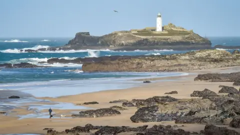 PA Media A dog walker on Gwithian Beach, Cornwall