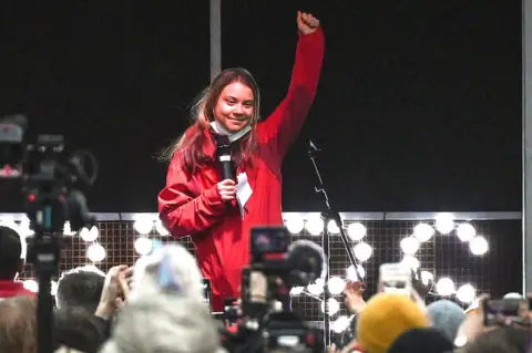 Getty Images Greta Thunsberg gives a speech in George Square