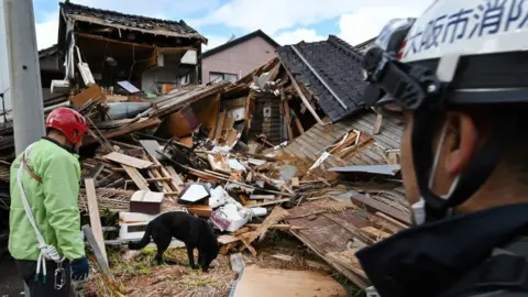 Getty Images A rescue dog helps firefighters in searching for people in the rubble of a collapsed house in Wajima.