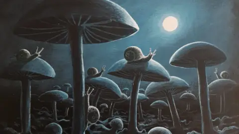 Jenny Urquhart Painting of snails on mushrooms