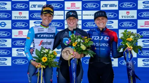 Bob Martin/London Marathon Events Charlotte Kool, Clara Copponi and Lizzie Deignan at the Ride London Classique