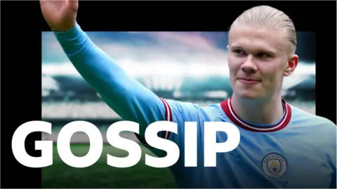 Graphic featuring Erling Haaland and the BBC Sport Gossip logo