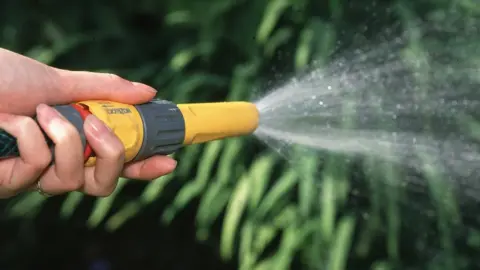 Watering garden with water from hosepipe