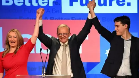 Anthony Albanese celebrates his election victory