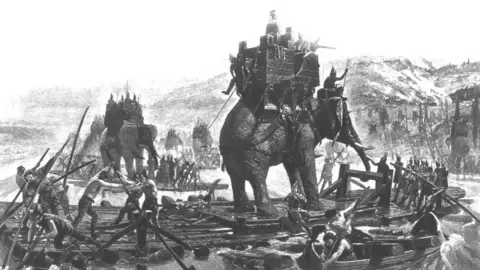 Hulton Archive Depiction of Carthagenian Gen Hannibal crossing the Rhone with his elephants on rafts during the Punic Wars with the Roman Empire which began in 218 BC