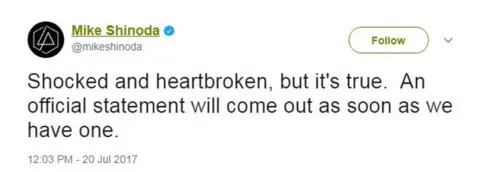 Twitter Mike Shinoda tweets: "Shocked and heartbroken, but it's true. An official statement will come out as soon as we have one."